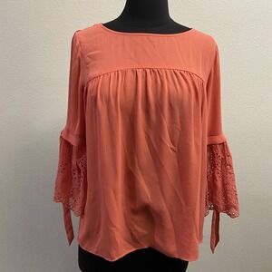 Loft Women's Blouse XS Coral Pink Bell Sleeve Eyelet Tie Boho Top NWT